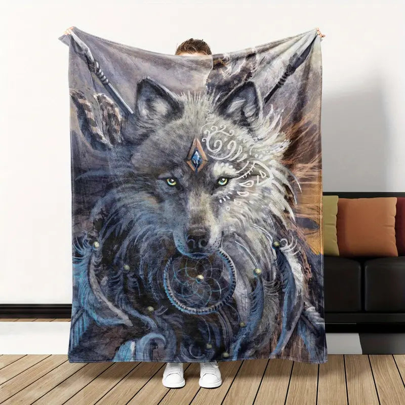 Mysterious White Wolf Pattern Flannel Blanket (1pc)